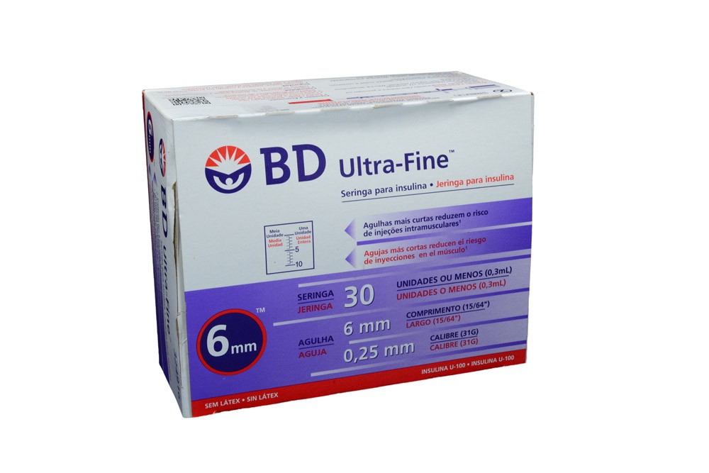 Jeringa Insulina Bd Ultrafine 0,3 mL 15/64" 31 g x 6 mm Caja Con 100 Unidades