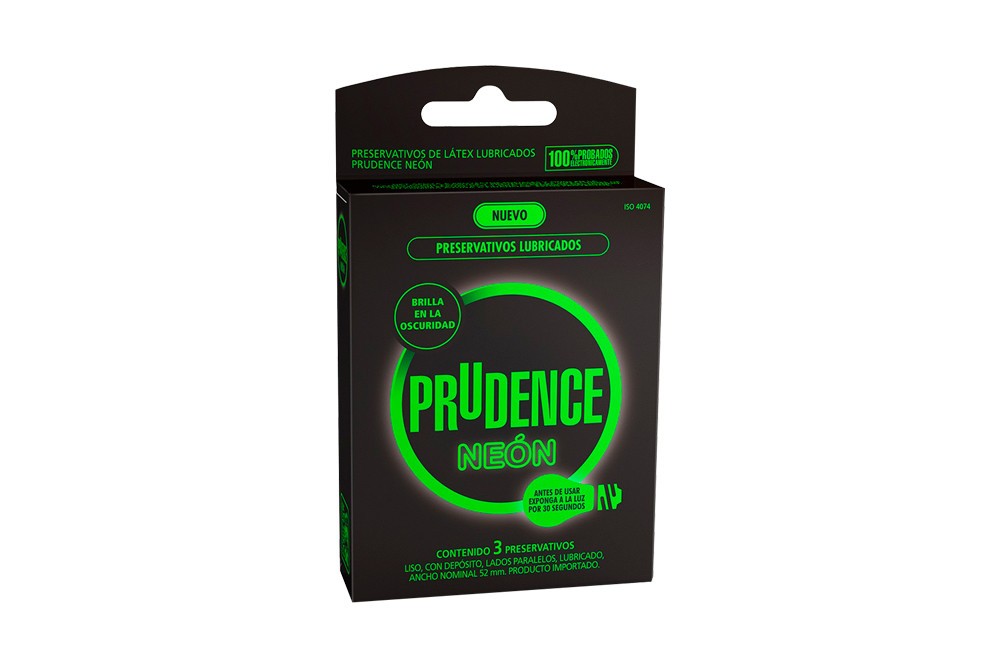 Preservativos Prudence 52 Mm Ancho Neon En Caja Con 3 Unidades