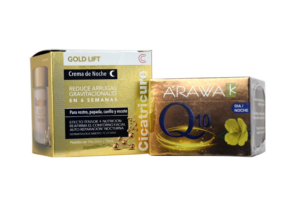 Arawak Gel Reparador Q-10 Caja Con Frasco Con 50 g y Cicatricure Crema Facial Antiarrugas Antiedad Gold Noche 50 G