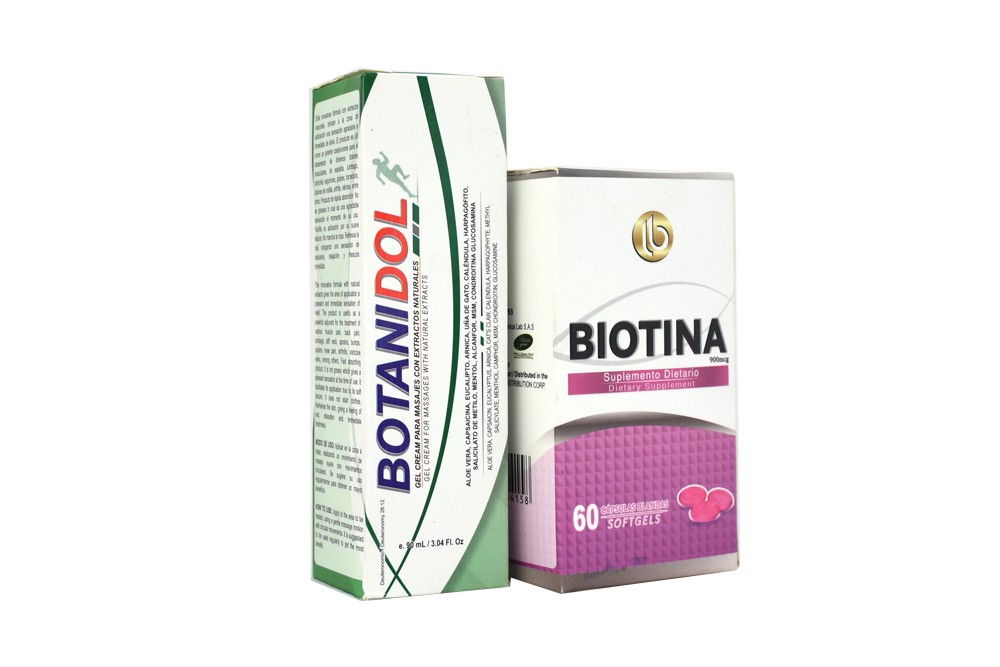 Suplemento Dietario Biotina Frasco x 60 Cápsulas Blandas y Gel Cream Para Masajes Botanidol En Frasco Por 90 mL