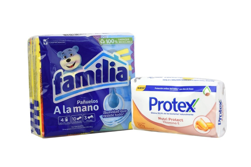 Jabón Protex Vitamina E Empaque Con Barra Con 120 g y Pañuelos Familia A La Mano Paquete Con 4 Unidades Con 10 Pañuelos C/U