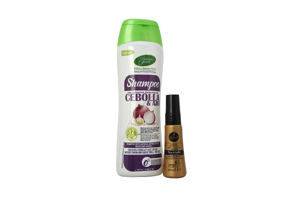 Shampoo Con Extractos Naturales Cebolla + Ajo Frasco Con 500 mL y Sellador De Puntas Haskell Cavalo Forte Frasco Con 40 mL