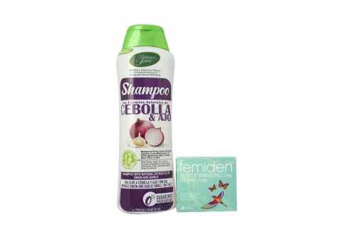 Shampoo Con Extractos De Cebolla + Ajo En Frasco Por 1000 mL y Femiden 1,5 Mg / 2,5 Mg En Caja Con 28 Tabletas Rx Rx1