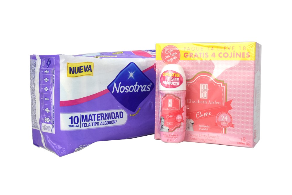 Toallas Nosotras Maternidad X  1 EMPAQUE 10 unidad y Crema Desodorante Antitranspir 1 Caja 10 unidad