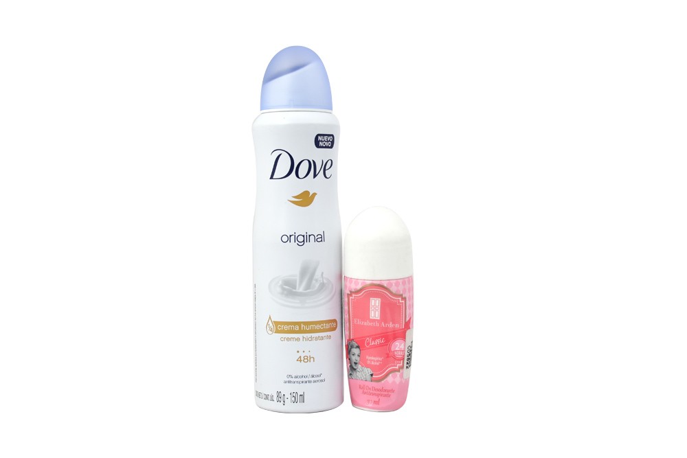 Desodorante Dove Original Con ¼ Crema Humectante Aerosol Con 150 mL y Desodorante Elizabeth Arden Classic Roll-On Con 30 mL
