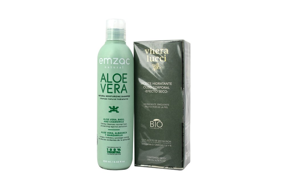 Shampoo 100 % Vegetal - Aloe Vera Hidratante En Frasco Con 250 mL y Oleo Corporal Vhera Lucci En Botella Con 200 mL