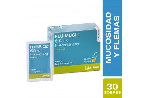 Fluimucil 600 Mg Sin Azúcar Caja Con 30 Sobres Sabor Naranja