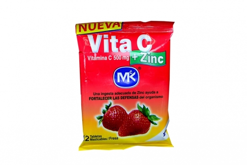 Vita C + Zinc 500 mg Bolsa Con 12 Tabletas Masticables – Sabor Fresa