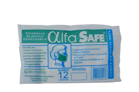 Tapabocas Desechable Alfa Safe Blanco Bolsa Con 12 Unidades